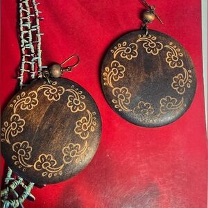 Wooden Carved Floral Circle Dangle Earrings - Brown, 2.25"